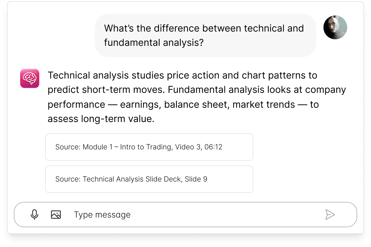 AI chat interface showing course content analysis and knowledge extraction with citations